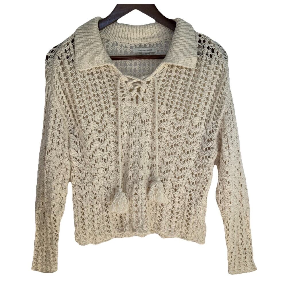 American Eagle Crochet Pompom Sweater Lace Up Open Knit Cream Women’s XS Boho